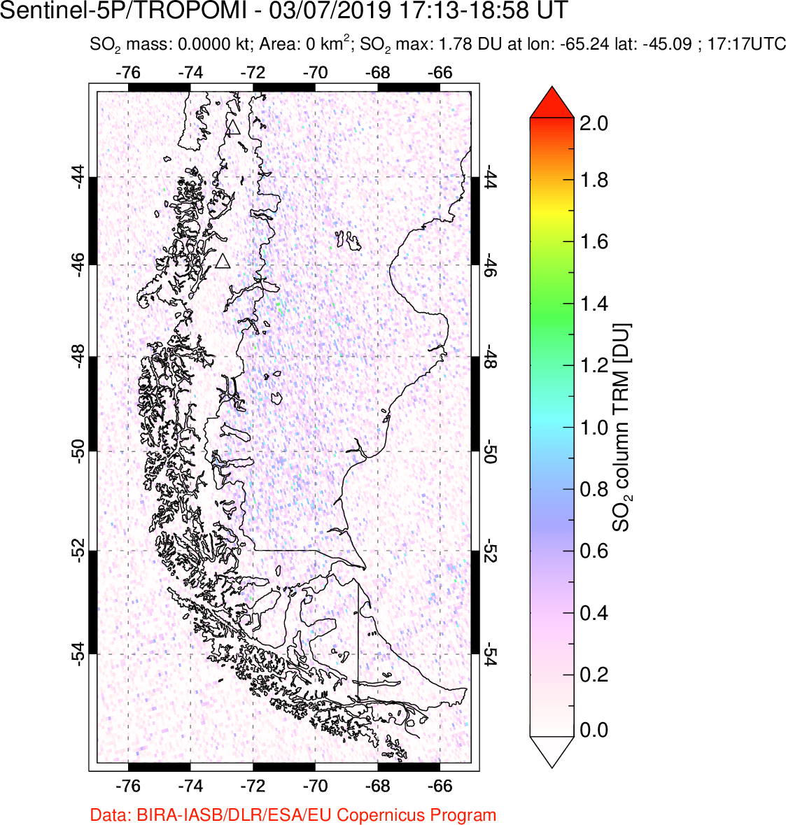 A sulfur dioxide image over Southern Chile on Mar 07, 2019.