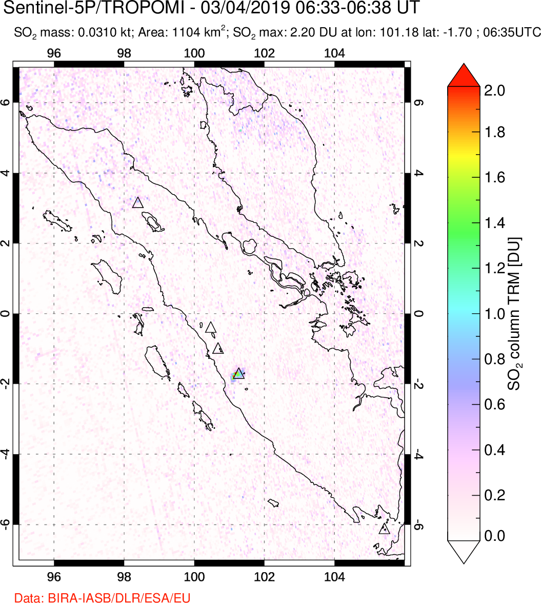 A sulfur dioxide image over Sumatra, Indonesia on Mar 04, 2019.
