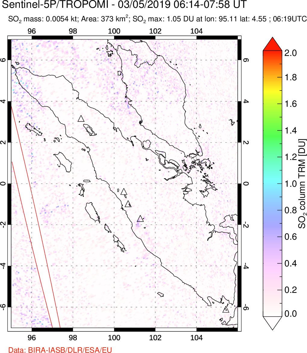 A sulfur dioxide image over Sumatra, Indonesia on Mar 05, 2019.
