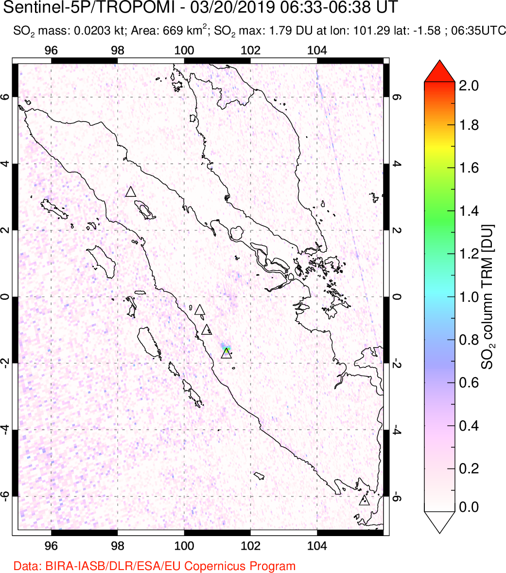 A sulfur dioxide image over Sumatra, Indonesia on Mar 20, 2019.