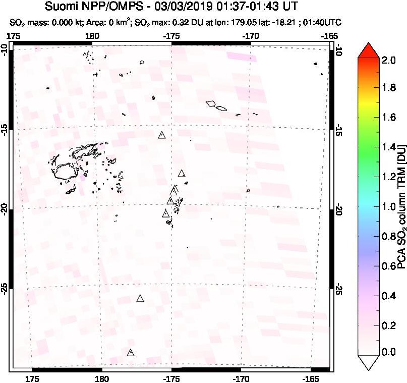 A sulfur dioxide image over Tonga, South Pacific on Mar 03, 2019.