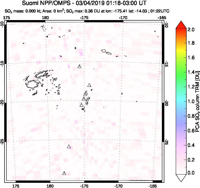 A sulfur dioxide image over Tonga, South Pacific on Mar 04, 2019.