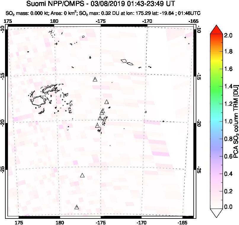 A sulfur dioxide image over Tonga, South Pacific on Mar 08, 2019.