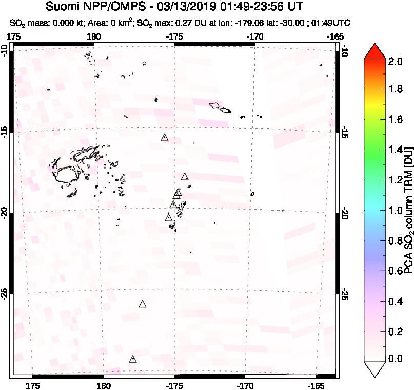 A sulfur dioxide image over Tonga, South Pacific on Mar 13, 2019.