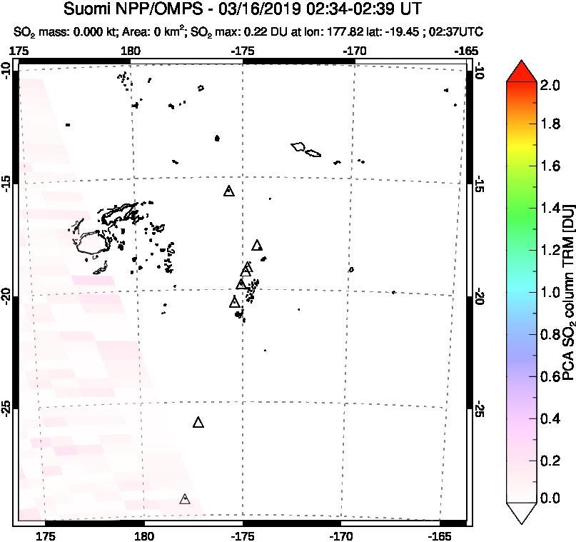 A sulfur dioxide image over Tonga, South Pacific on Mar 16, 2019.