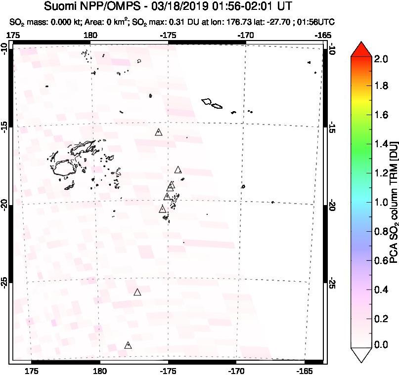 A sulfur dioxide image over Tonga, South Pacific on Mar 18, 2019.