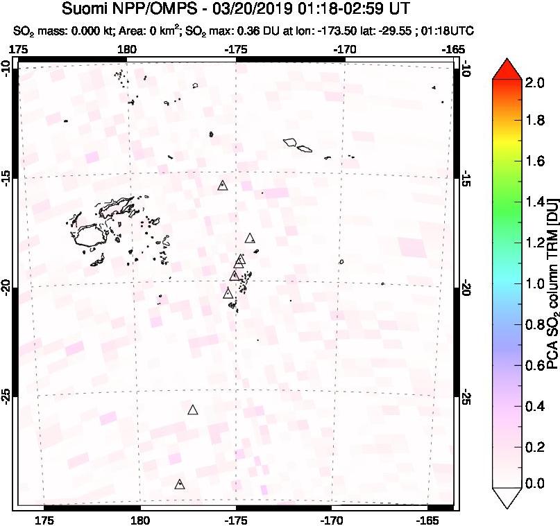 A sulfur dioxide image over Tonga, South Pacific on Mar 20, 2019.
