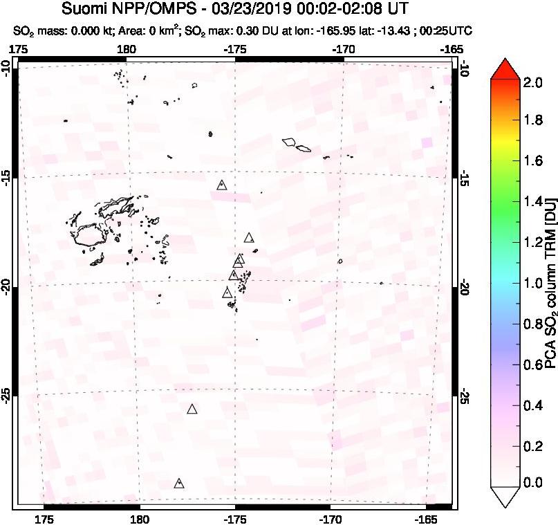 A sulfur dioxide image over Tonga, South Pacific on Mar 23, 2019.