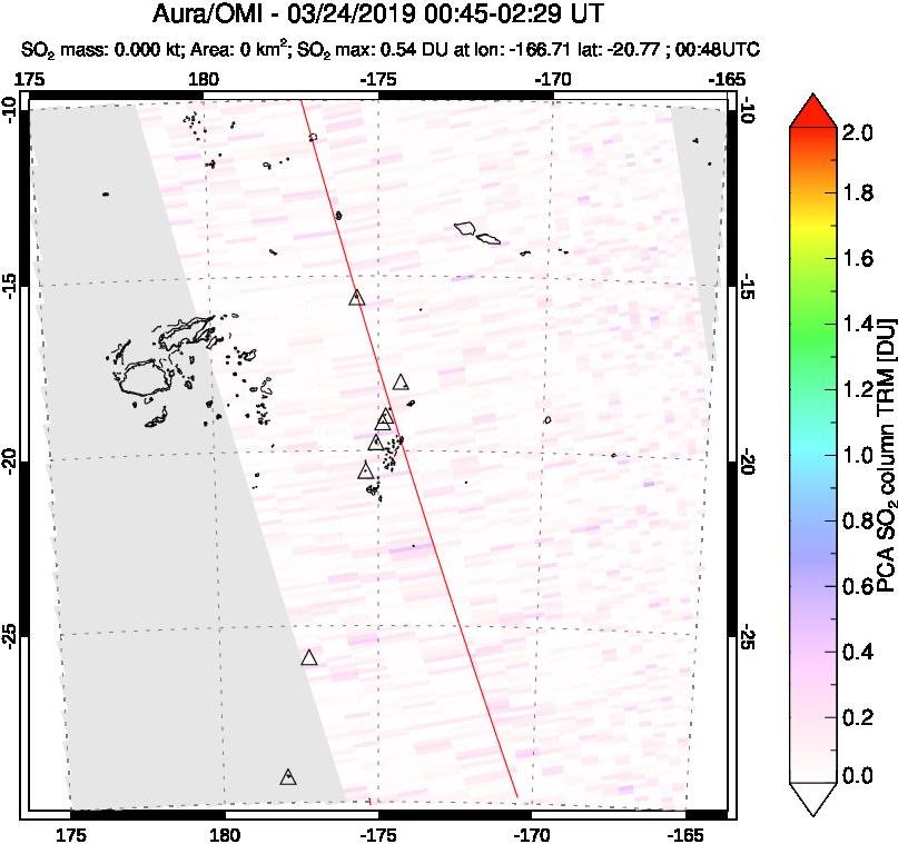 A sulfur dioxide image over Tonga, South Pacific on Mar 24, 2019.