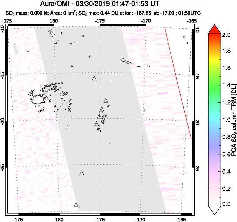A sulfur dioxide image over Tonga, South Pacific on Mar 30, 2019.
