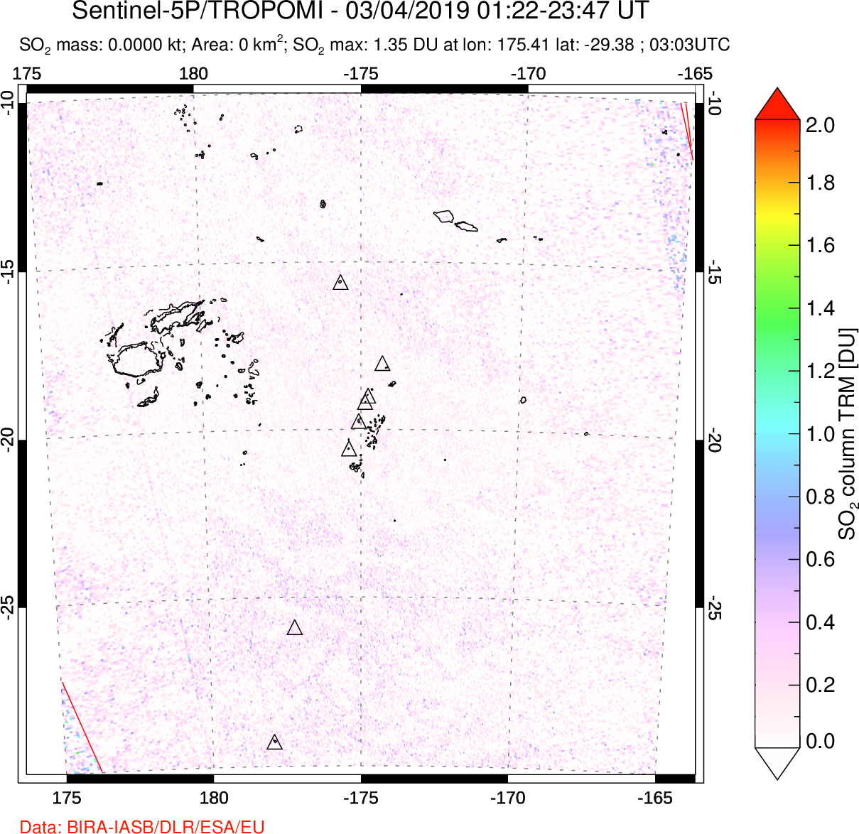 A sulfur dioxide image over Tonga, South Pacific on Mar 04, 2019.