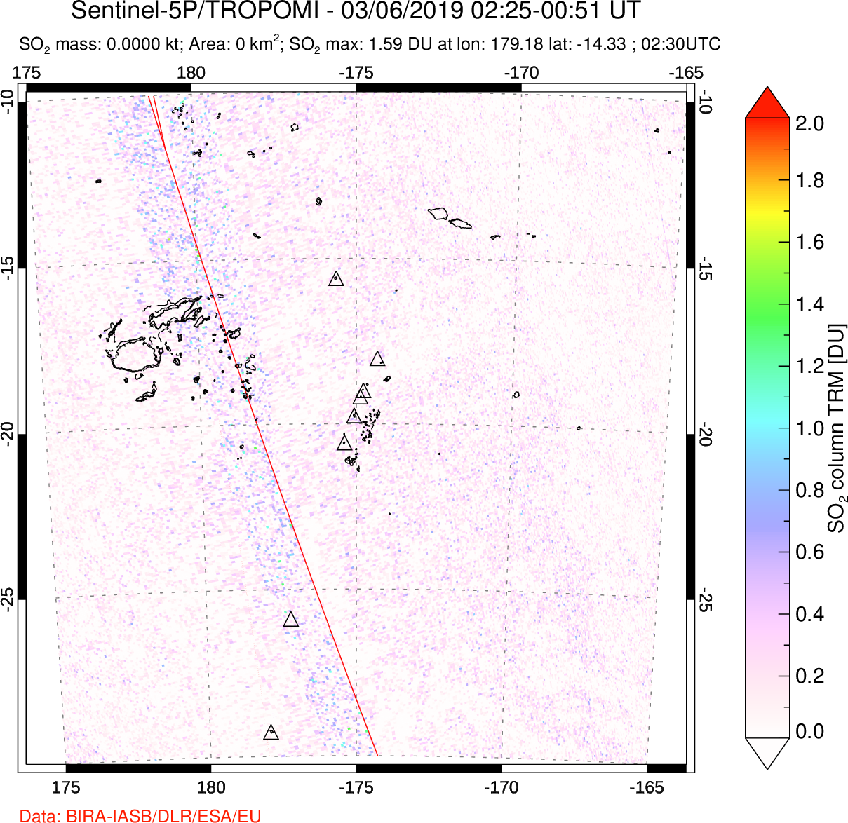 A sulfur dioxide image over Tonga, South Pacific on Mar 06, 2019.