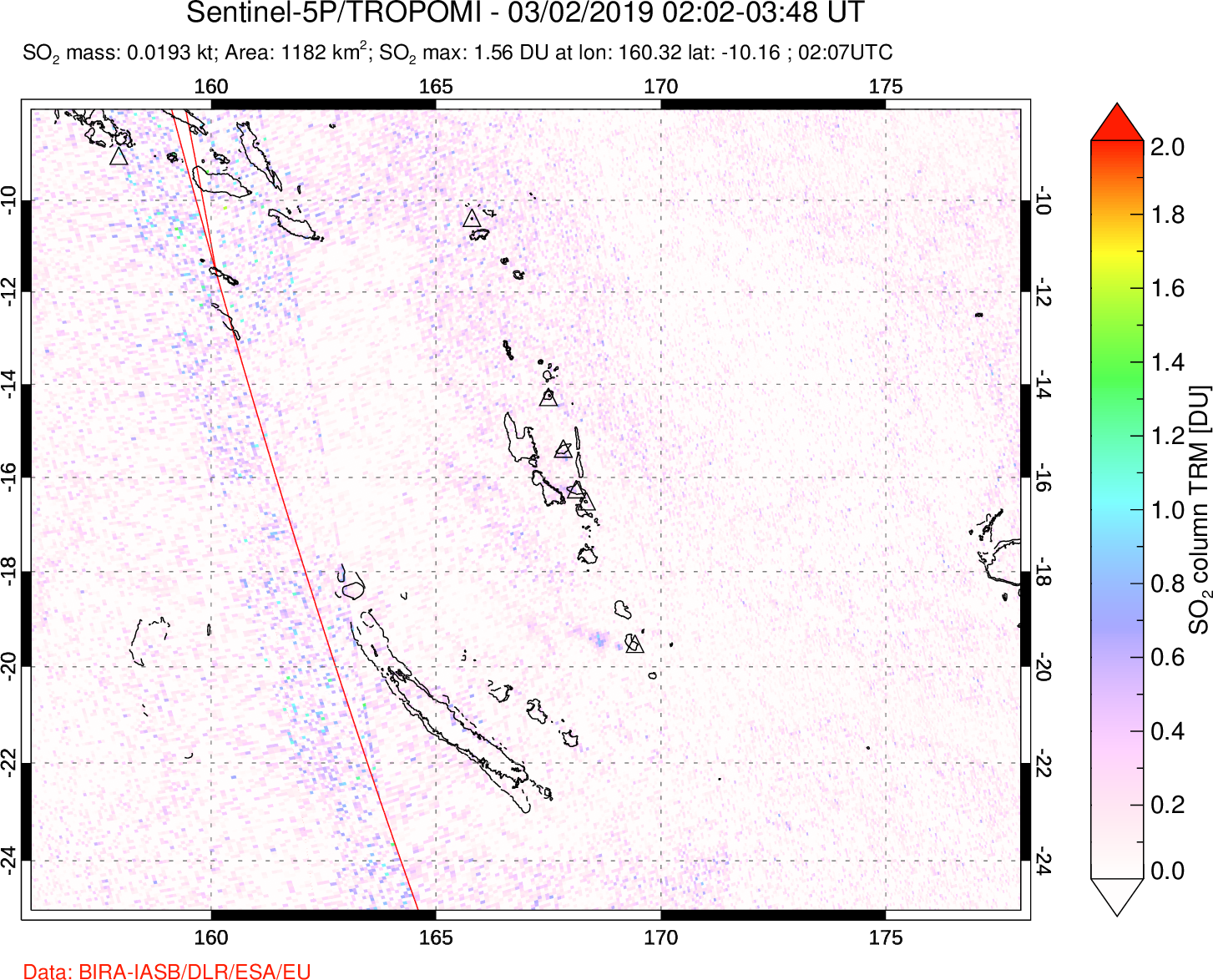 A sulfur dioxide image over Vanuatu, South Pacific on Mar 02, 2019.