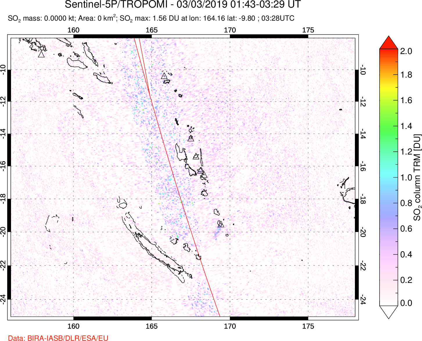 A sulfur dioxide image over Vanuatu, South Pacific on Mar 03, 2019.