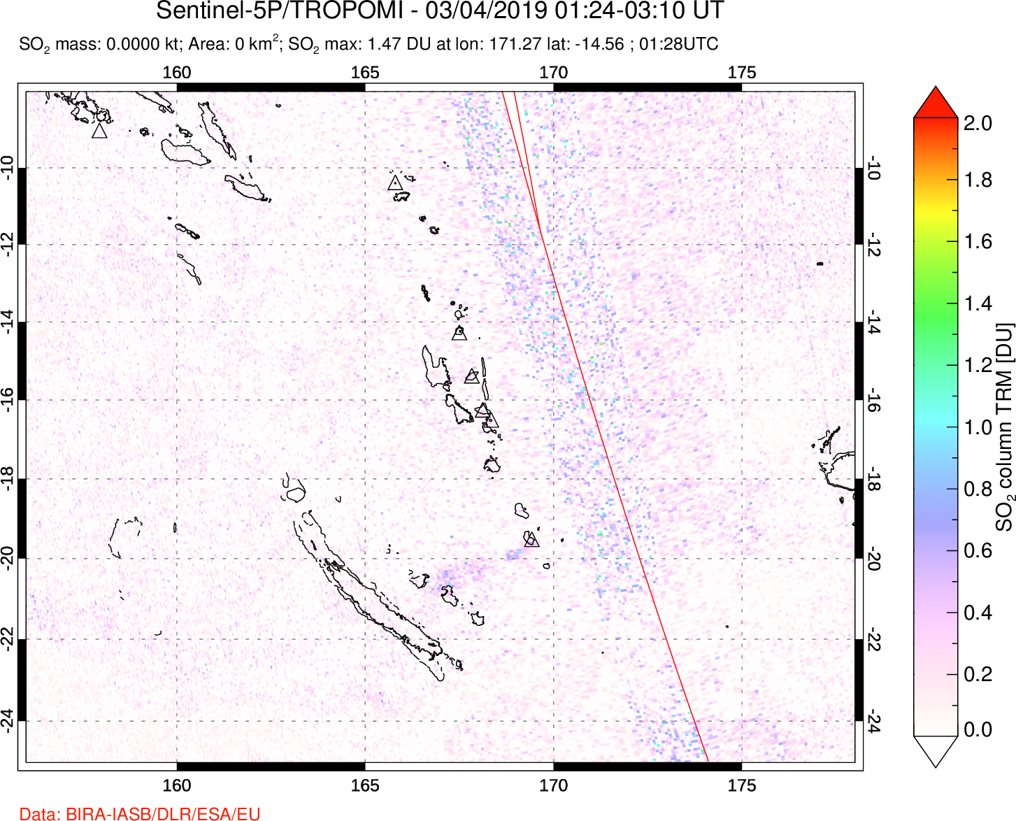 A sulfur dioxide image over Vanuatu, South Pacific on Mar 04, 2019.