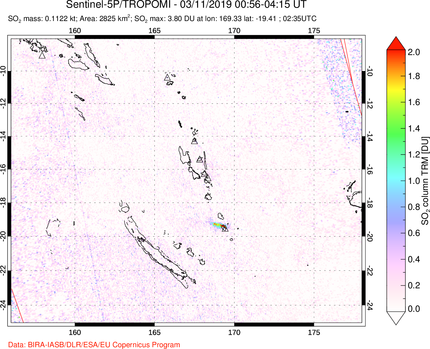 A sulfur dioxide image over Vanuatu, South Pacific on Mar 11, 2019.