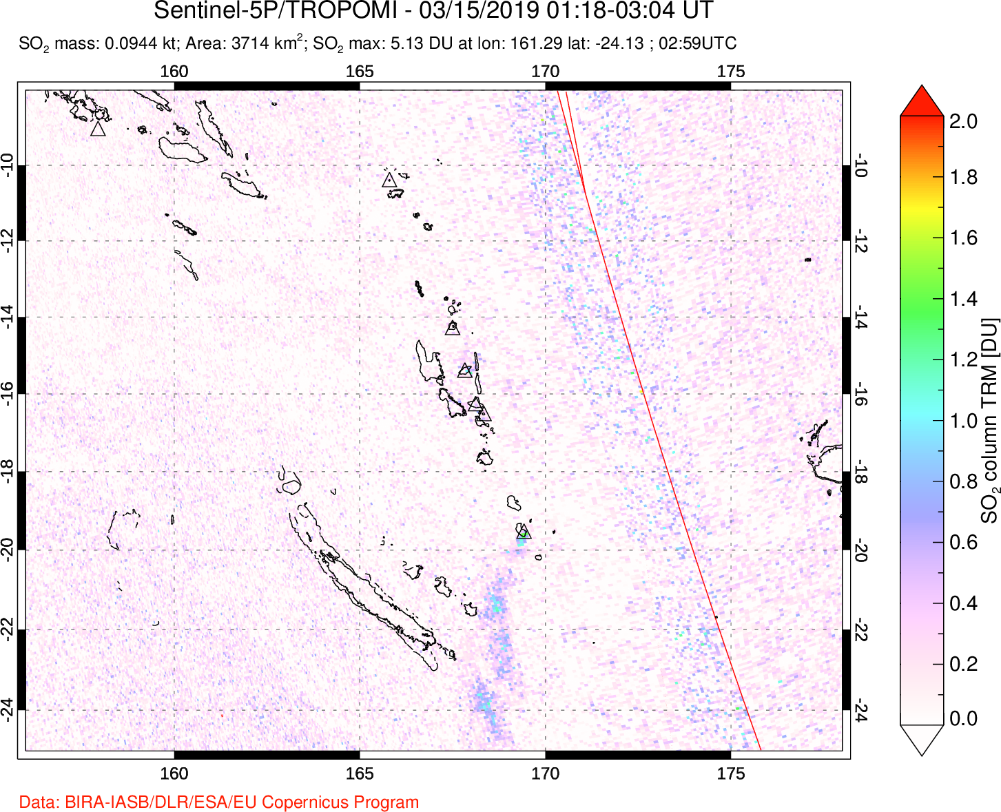 A sulfur dioxide image over Vanuatu, South Pacific on Mar 15, 2019.