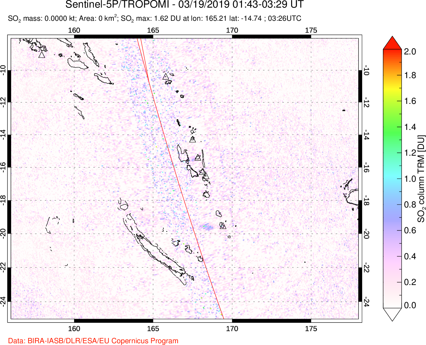 A sulfur dioxide image over Vanuatu, South Pacific on Mar 19, 2019.