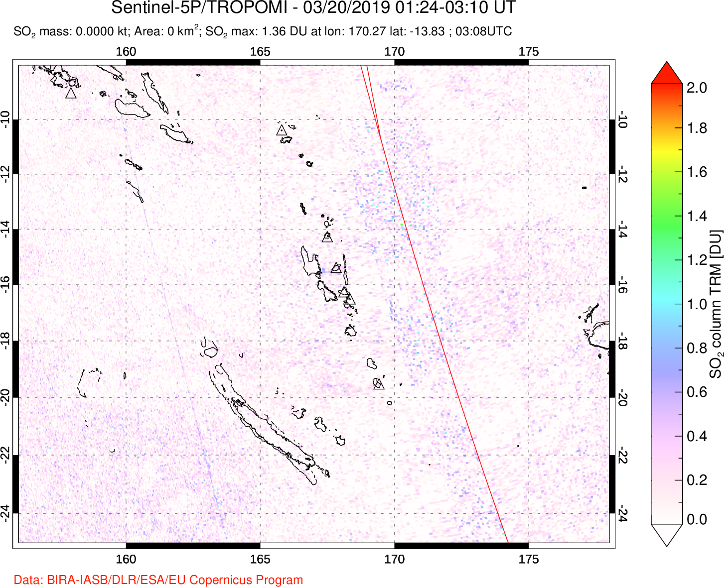 A sulfur dioxide image over Vanuatu, South Pacific on Mar 20, 2019.