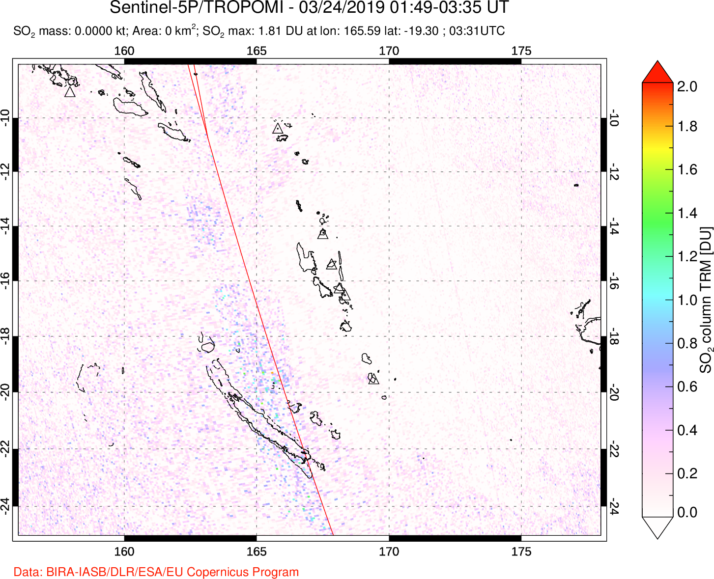 A sulfur dioxide image over Vanuatu, South Pacific on Mar 24, 2019.