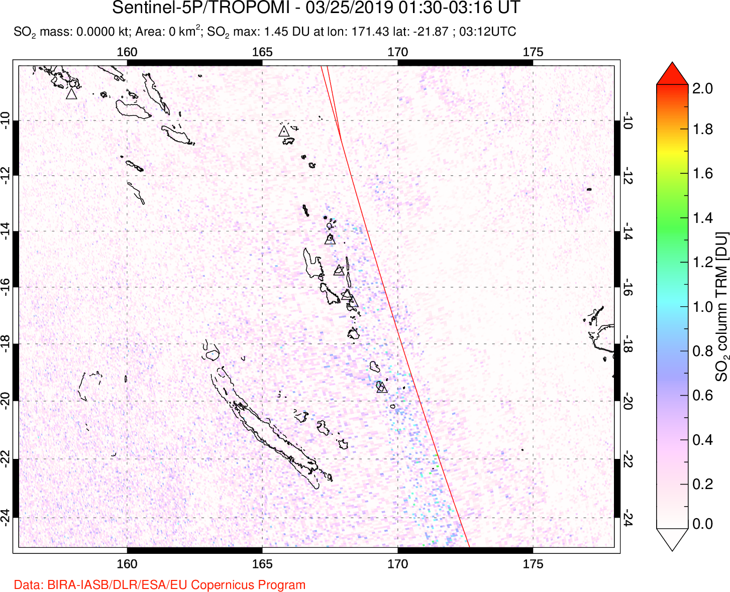 A sulfur dioxide image over Vanuatu, South Pacific on Mar 25, 2019.