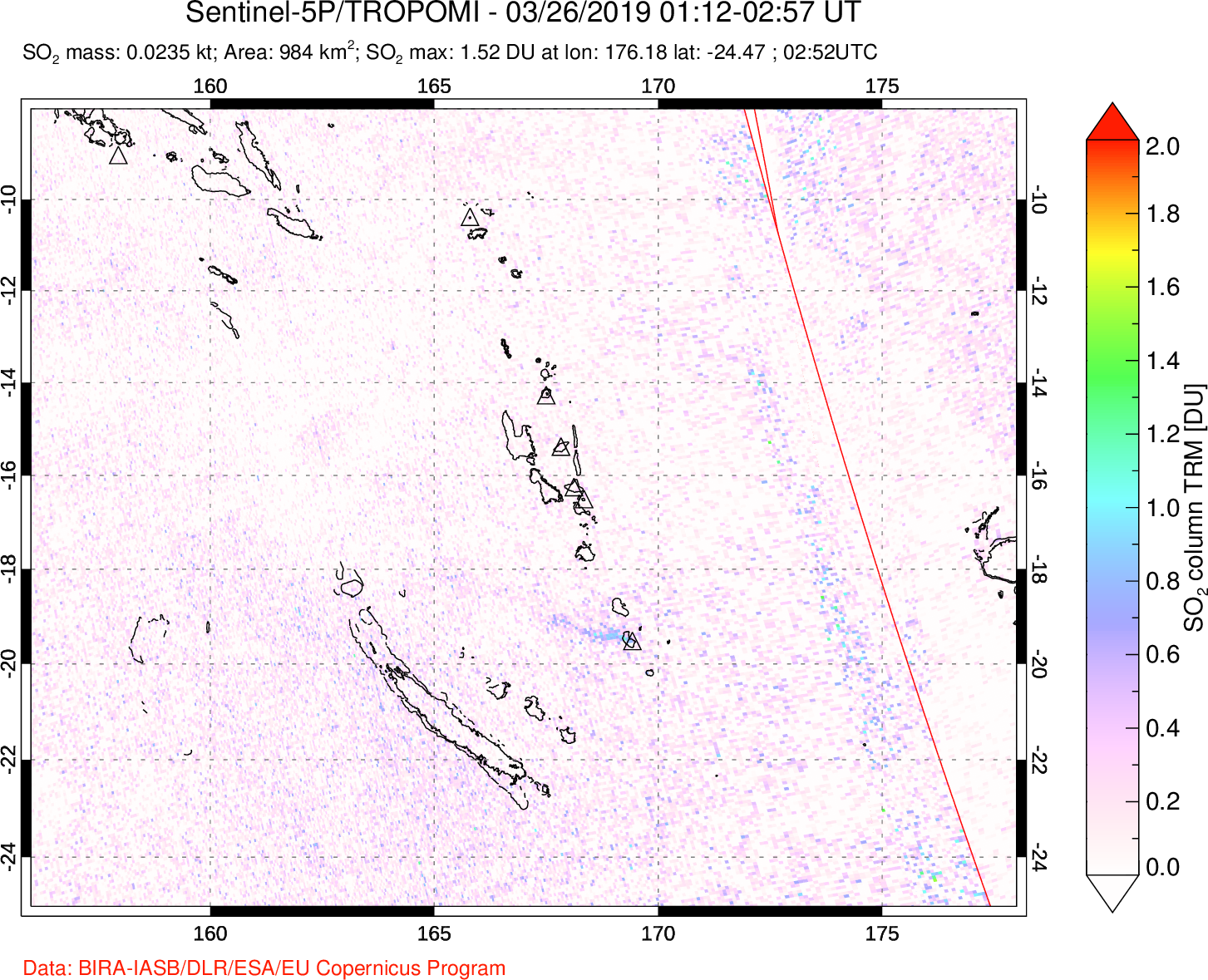 A sulfur dioxide image over Vanuatu, South Pacific on Mar 26, 2019.