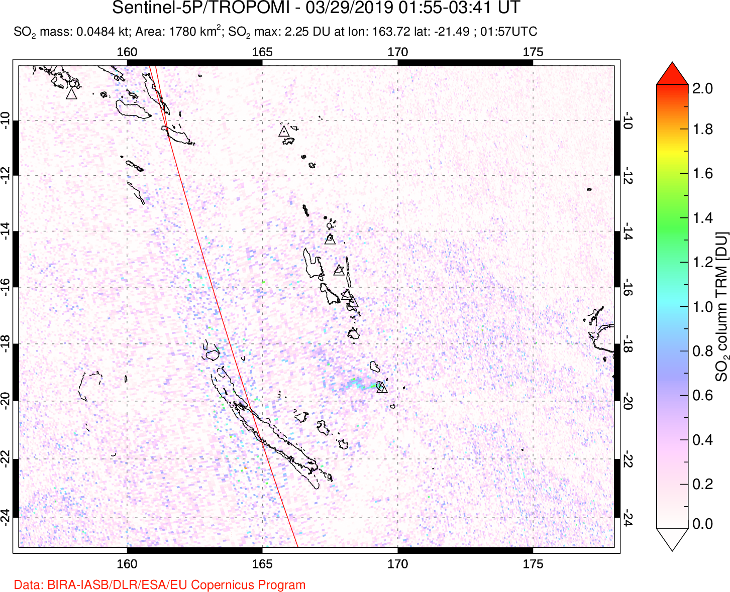 A sulfur dioxide image over Vanuatu, South Pacific on Mar 29, 2019.