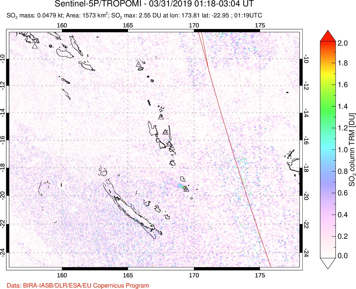 A sulfur dioxide image over Vanuatu, South Pacific on Mar 31, 2019.