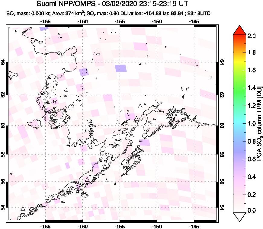 A sulfur dioxide image over Alaska, USA on Mar 02, 2020.