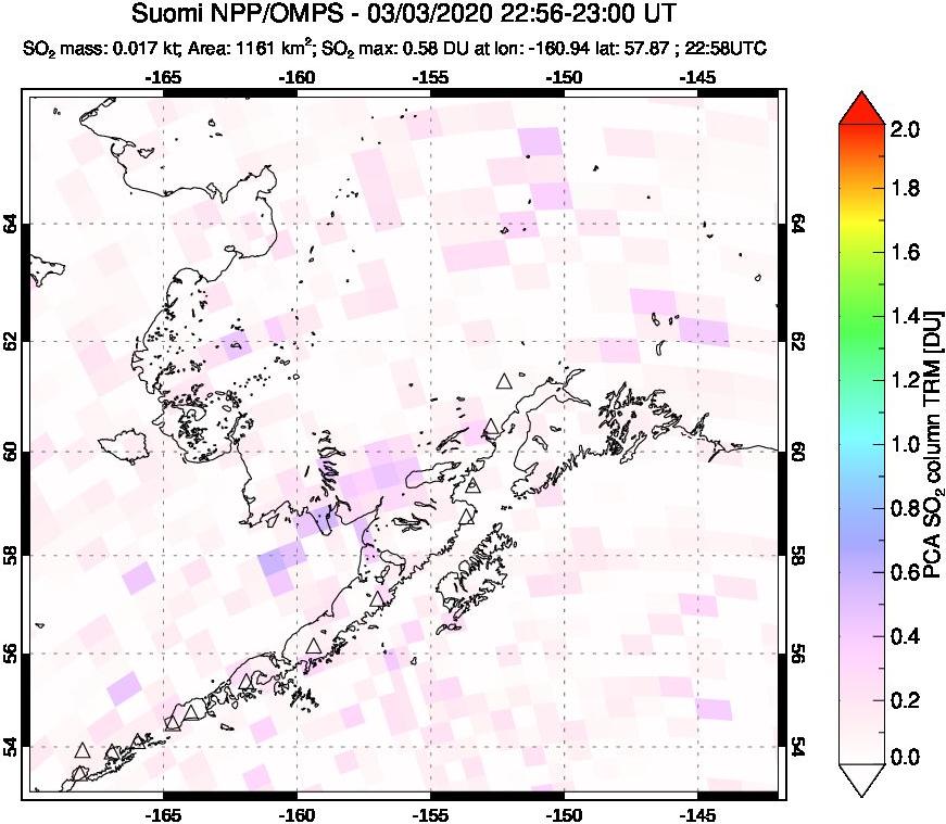 A sulfur dioxide image over Alaska, USA on Mar 03, 2020.