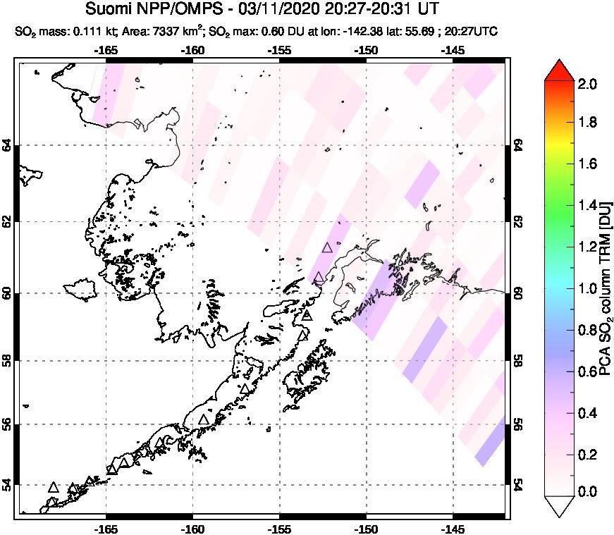 A sulfur dioxide image over Alaska, USA on Mar 11, 2020.