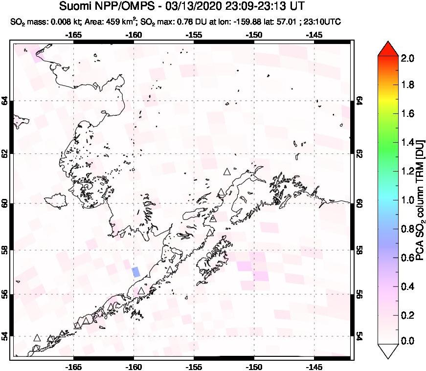 A sulfur dioxide image over Alaska, USA on Mar 13, 2020.