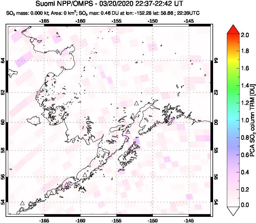 A sulfur dioxide image over Alaska, USA on Mar 20, 2020.