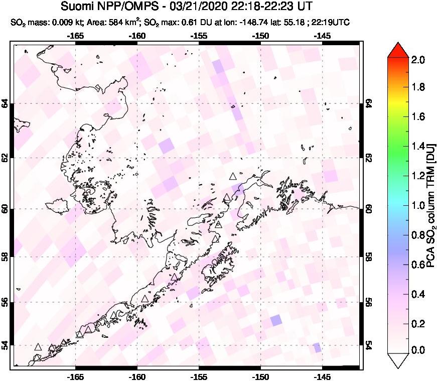 A sulfur dioxide image over Alaska, USA on Mar 21, 2020.