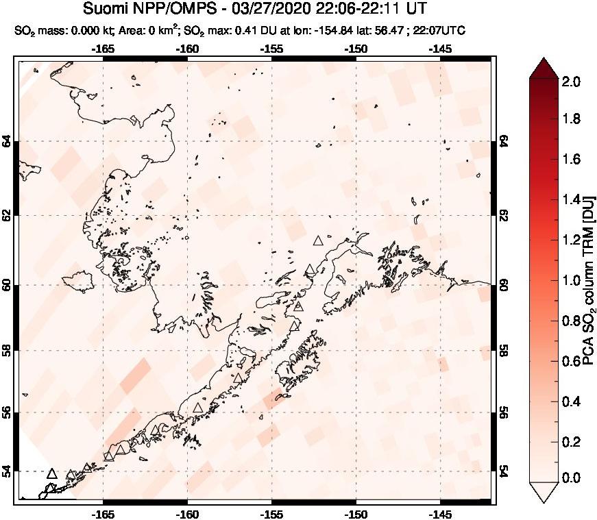 A sulfur dioxide image over Alaska, USA on Mar 27, 2020.