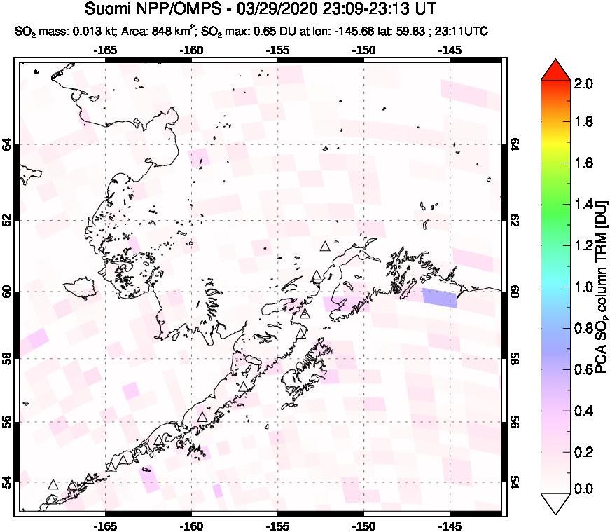 A sulfur dioxide image over Alaska, USA on Mar 29, 2020.