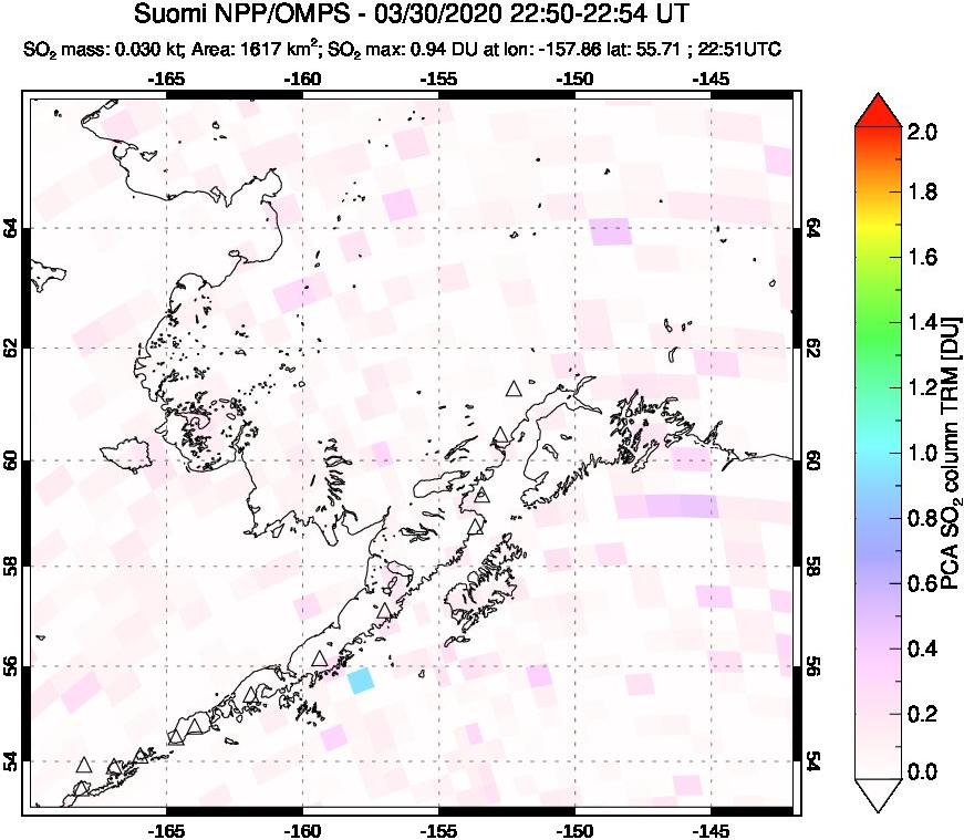 A sulfur dioxide image over Alaska, USA on Mar 30, 2020.