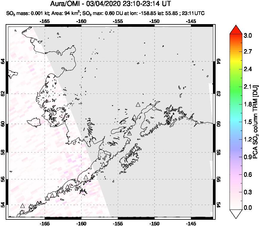 A sulfur dioxide image over Alaska, USA on Mar 04, 2020.