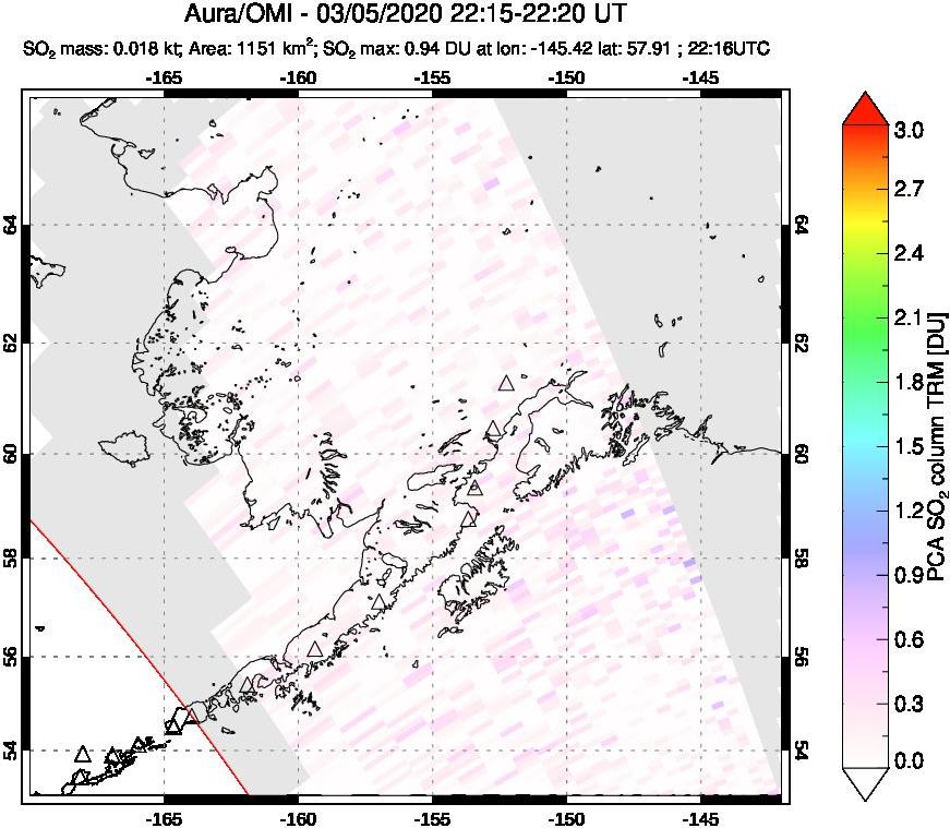 A sulfur dioxide image over Alaska, USA on Mar 05, 2020.
