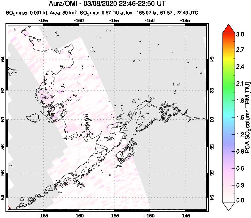 A sulfur dioxide image over Alaska, USA on Mar 08, 2020.