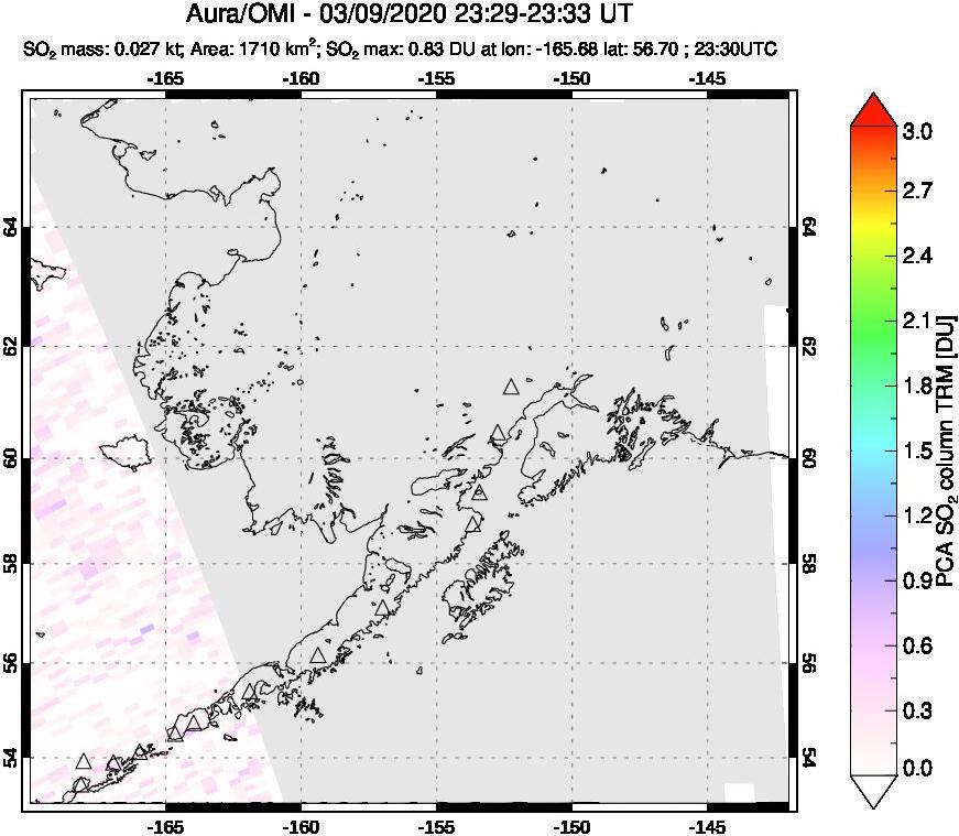 A sulfur dioxide image over Alaska, USA on Mar 09, 2020.