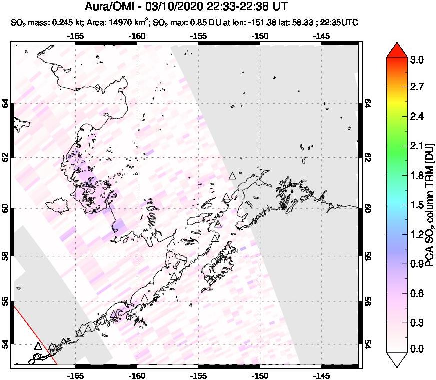 A sulfur dioxide image over Alaska, USA on Mar 10, 2020.