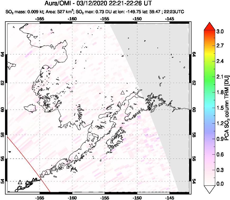 A sulfur dioxide image over Alaska, USA on Mar 12, 2020.