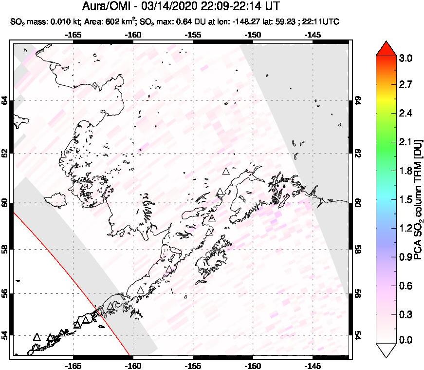 A sulfur dioxide image over Alaska, USA on Mar 14, 2020.