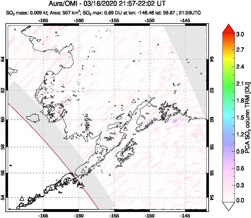 A sulfur dioxide image over Alaska, USA on Mar 16, 2020.