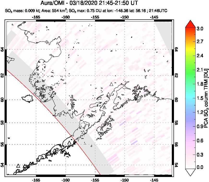 A sulfur dioxide image over Alaska, USA on Mar 18, 2020.