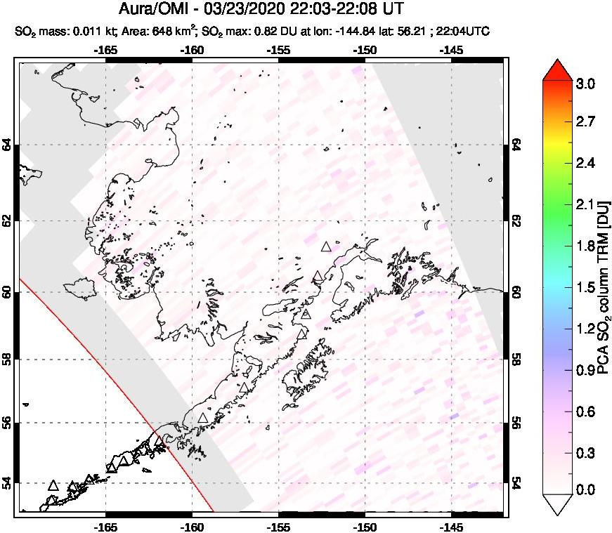 A sulfur dioxide image over Alaska, USA on Mar 23, 2020.