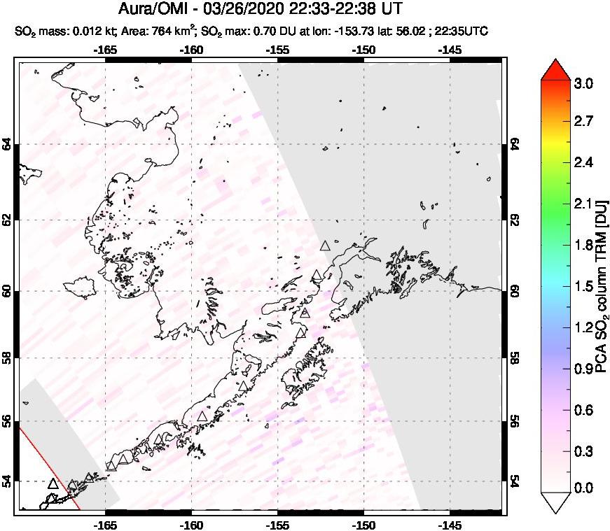 A sulfur dioxide image over Alaska, USA on Mar 26, 2020.
