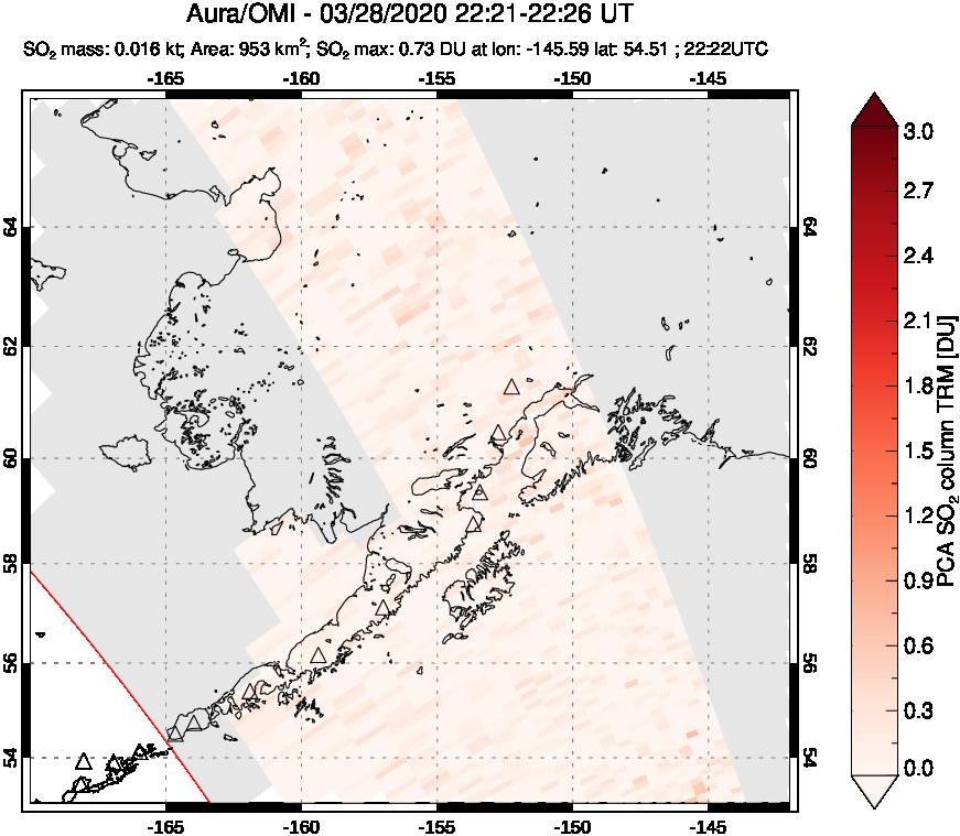 A sulfur dioxide image over Alaska, USA on Mar 28, 2020.