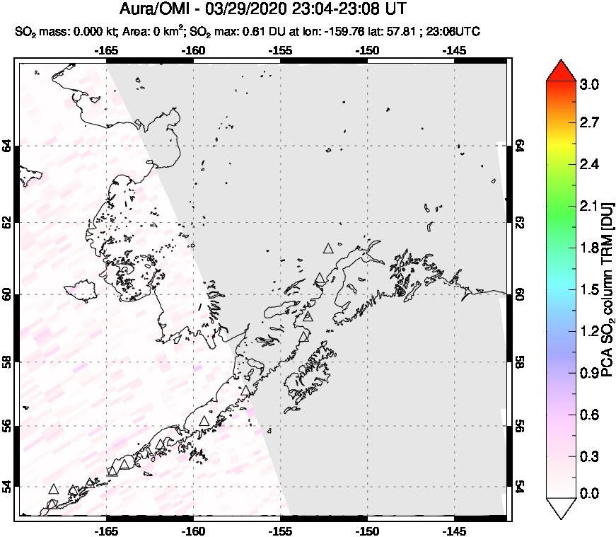 A sulfur dioxide image over Alaska, USA on Mar 29, 2020.